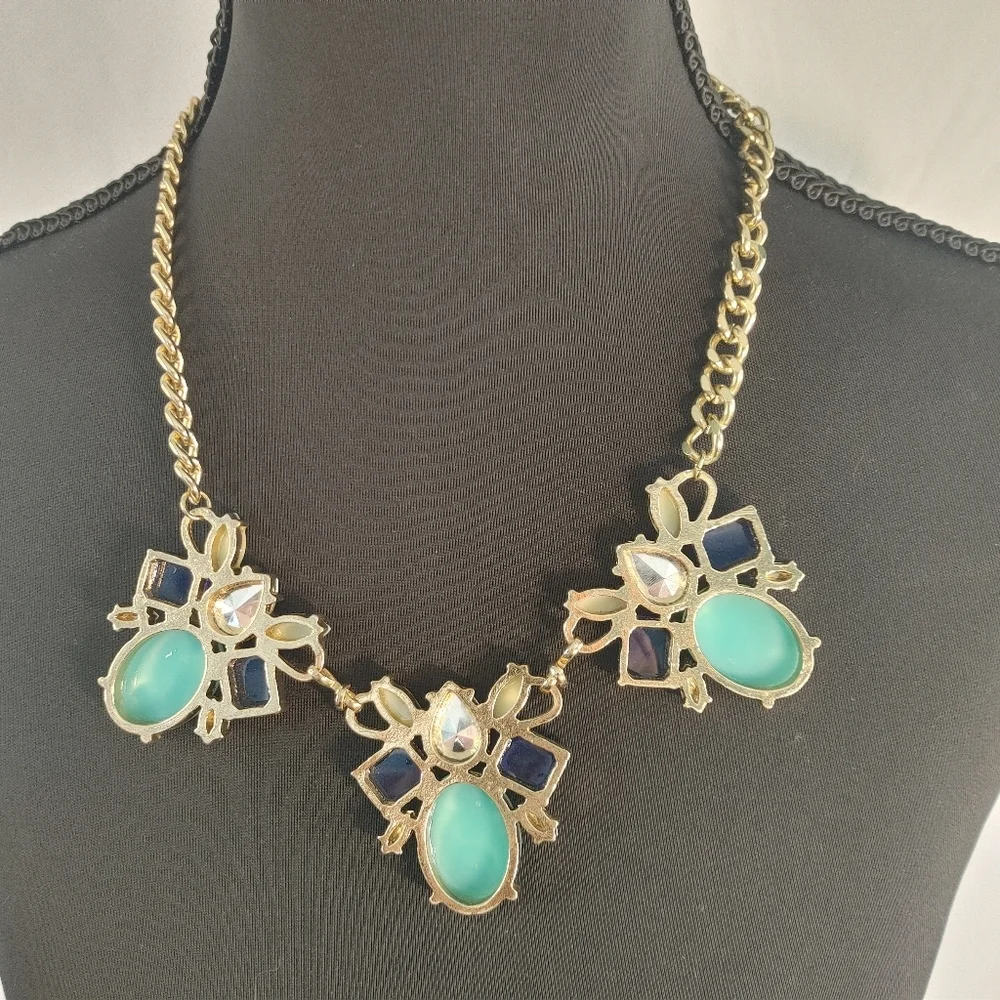 Gold Tone Statement Necklace Blue Turquoise Bib Chunky Chain